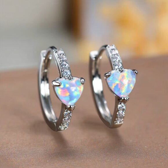 18k White Gold Opal Diamond Earrings Heart Shaped Opal Hoop Earrings - Picture 2 of 6